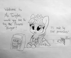 Size: 1753x1440 | Tagged: safe, artist:tjpones, derpibooru import, princess celestia, twilight sparkle, twilight sparkle (alicorn), alicorn, pony, burger, chest fluff, clothes, crown, cute, dialogue, duo, fast food, female, food, grayscale, horn, jewelry, lineart, mare, monochrome, name tag, offscreen character, princess, regalia, restaurant, text, traditional art, twiabetes, wings