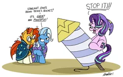 Size: 3136x1981 | Tagged: suggestive, artist:bobthedalek, derpibooru import, starlight glimmer, sunburst, trixie, pony, unicorn, angry, cape, clothes, dialogue, double entendre, female, hat, hilarious in hindsight, implied lesbian, implied shipping, implied startrix, innuendo, male, mare, messy mane, nudge, riding, rocket, simple background, stallion, starlight is not amused, toy interpretation, trixie's cape, trixie's hat, trixie's rocket, unamused, white background