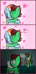 Size: 595x1225 | Tagged: safe, artist:techreel, derpibooru import, rainbow dash, oc, oc:frost d. tart, oc:northern haste, alicorn, alicorn oc, canon x oc, caught, commission, forever alone, heart, holiday, hug, imagination, northash, pillow, valentine's day, ych result