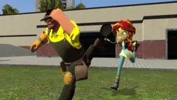 Size: 1024x576 | Tagged: safe, artist:lanceolleyfrie, derpibooru import, sunset shimmer, equestria girls, 3d, angry, chase, crossover, engineer, frying pan, gmod, team fortress 2