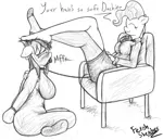 Size: 2000x1718 | Tagged: amputation, anthro, armchair, artist:fetishsketches, blushing, bondage, clothes, collar, derpibooru import, dialogue, feet, feet on head, female, femdom, femsub, fetish, foot fetish, implied lesbian, latex, latex suit, leash, legs, mayor mare, monochrome, no tail, plantigrade anthro, rainbow dash, semi-grimdark, skirt, skirt suit, sock gag, stockings, submissive, suggestive, suit, sweat, thigh highs, tied hands, wingless, wingless anthro