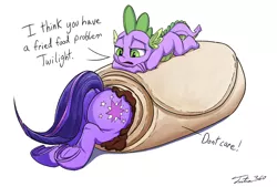 Size: 1354x917 | Tagged: safe, artist:tsitra360, derpibooru import, spike, twilight sparkle, alicorn, dragon, pony, burrito, chimichanga, dock, female, food, male, mare, plot, prone, simple background, this will end in weight gain, twibutt, underhoof, white background