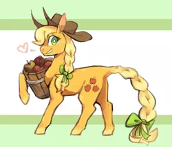 Size: 2008x1715 | Tagged: safe, artist:bebbies, derpibooru import, applejack, earth pony, pony, abstract background, apple, barrel, bow, braid, braided tail, cowboy hat, female, food, hat, heart, mare, raised hoof, solo