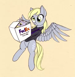 Size: 1275x1311 | Tagged: safe, artist:lunebat, derpibooru import, derpy hooves, dinky hooves, pegasus, pony, unicorn, box, clothes, duo, duo female, fedex, female, filly, literal shipping, mare, mother and daughter, simple background, wings