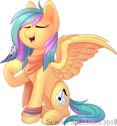 Size: 551x593 | Tagged: safe, artist:scarlet-spectrum, derpibooru import, oc, oc:cloudsong, unofficial characters only, bird, parakeet, parrot, pegasus, pony, budgerigar, budgie, commission, eyes closed, female, mare, one hoof raised, open mouth, signature, simple background, singing, smiling, solo, transparent background