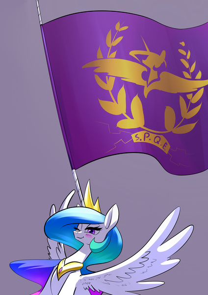 Size: 2480x3507 | Tagged: safe, artist:underpable, derpibooru import, princess celestia, alicorn, pony, :t, blush sticker, blushing, crown, female, flag, gray background, impossibly large horn, jewelry, lidded eyes, long horn, looking at you, mare, necklace, one eye closed, parody, regalia, roman, simple background, sitting, smiling, smirk, solo, spqr, spread wings, wat, wing fluff, wings, wink