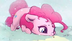 Size: 1735x992 | Tagged: safe, artist:sverre93, derpibooru import, pinkie pie, earth pony, pony, behaving like a dog, cookie, cute, diapinkes, female, food, mare, sky, sniffing, snow, solo, sverre is trying to murder us