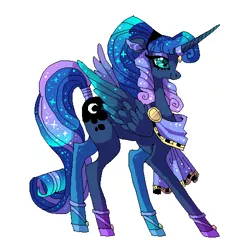 Size: 500x500 | Tagged: safe, artist:njeekyo, derpibooru import, princess luna, alicorn, pony, artemis luna, cool, ethereal mane, female, galaxy mane, horn ring, mare, simple background, solo, tail wrap, white background