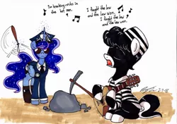 Size: 1934x1363 | Tagged: safe, artist:newyorkx3, derpibooru import, princess luna, oc, oc:tommy junior, alicorn, pony, baton, clothes, colt, dialogue, female, guitar, hat, magic, male, music notes, musical instrument, peaked cap, police officer, police uniform, prison outfit, prison stripes, prisoner, singing, sunglasses, telekinesis, the bobby fuller four, traditional art