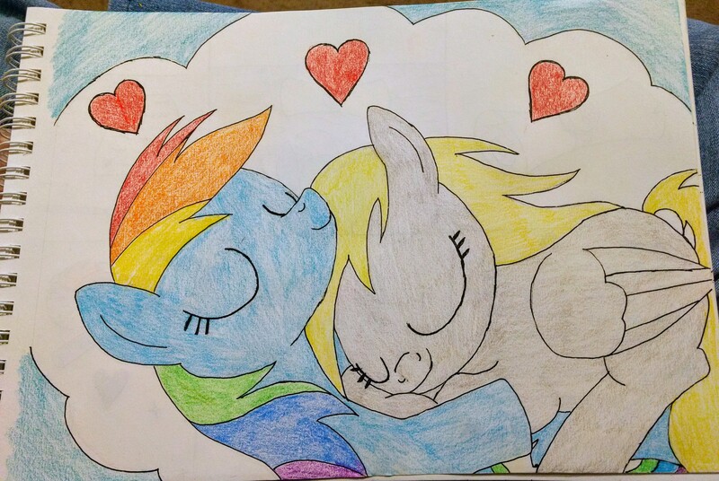 Size: 4608x3090 | Tagged: artist:penguin_lover89, derpibooru import, derpydash, derpy hooves, female, heart, lesbian, love, rainbow dash, safe, shipping, sleeping, traditional art