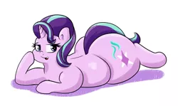 Size: 1329x793 | Tagged: artist:graphenescloset, derpibooru import, fat, glimmer glutes, looking at you, plot, prone, simple background, solo, starlard glimmer, starlight glimmer, suggestive, the ass was fat, white background