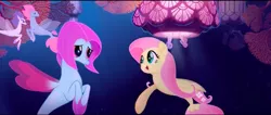 Size: 1440x610 | Tagged: background sea pony, coral, derpibooru import, fluttershy, my little pony: the movie, one small thing, safe, salina blue, screencap, seaponified, seapony fluttershy, seapony (g4), seaquestria, smiling, species swap, underwater