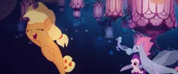 Size: 1920x804 | Tagged: applejack, baby, baby seapony (g4), background sea pony, coral, derpibooru import, eyes closed, foal, laughing, my little pony: the movie, one small thing, safe, screencap, seaponified, seapony applejack, seapony (g4), sea poppy, seaquestria, species swap, underwater