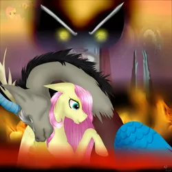 Size: 1024x1024 | Tagged: artist:nightmarederpy, crying, derpibooru import, discord, fire, fluttershy, glare, hug, lord tirek, safe