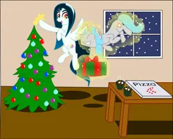 Size: 3543x2835 | Tagged: safe, artist:tay-houby, derpibooru import, oc, pegasus, pony, unicorn, bauble, chocolate, christmas, christmas tree, food, glowing horn, holiday, levitation, magic, pine tree, pizza, present, self-levitation, telekinesis, tree