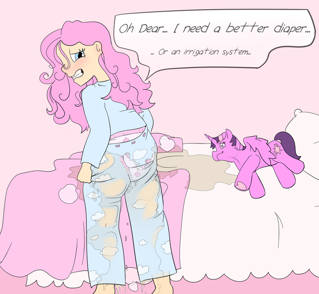 Size: 2057x1892 | Tagged: questionable, artist:lawrence alpaca, derpibooru import, fluttershy, twilight sparkle, twilight sparkle (alicorn), alicorn, human, bed hair, bedwetting, clothes, diaper, diaper fetish, diapershy, embarrassed, fetish, humanized, irrigation, leaky diaper, pajamas, pissing, plushie, speech bubble, urine, wet clothes, wet diaper, wetting