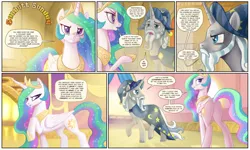 Size: 1920x1149 | Tagged: safe, artist:pencils, derpibooru import, princess celestia, star swirl the bearded, alicorn, pony, unicorn, comic:sunbutt sunday, comic, crown, dialogue, duo, eye contact, facial hair, female, hat, hilarious in hindsight, horseshoes, jewelry, looking at each other, male, mare, peytral, plot, regalia, savage, speech bubble, stallion, wizard, wizard hat