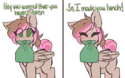 Size: 4000x2500 | Tagged: safe, artist:mimisaurusrex, derpibooru import, oc, oc:sakura mochi, unofficial characters only, pegasus, pony, bento, blushing, comic, dialogue, eyes closed, female, folded wings, food, hair bun, hair tie, looking at you, mare, mouth hold, no pupils, ponytail, rice, simple background, solo, standing, transparent background