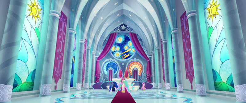 Size: 1920x804 | Tagged: safe, derpibooru import, screencap, princess cadance, princess celestia, princess luna, alicorn, pony, my little pony: the movie, alicorn triarchy, architecture, canterlot castle, canterlot throne room, carpet, curtains, female, mare, rainbow (song), stained glass, sunlight, throne, throne room