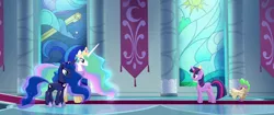 Size: 1920x804 | Tagged: safe, derpibooru import, screencap, princess celestia, princess luna, spike, twilight sparkle, twilight sparkle (alicorn), alicorn, dragon, pony, my little pony: the movie, banner, canterlot castle, canterlot throne room, carpet, crown, jewelry, regalia, scroll, stained glass, throne room