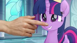 Size: 1450x804 | Tagged: safe, derpibooru import, edit, edited screencap, screencap, twilight sparkle, twilight sparkle (alicorn), alicorn, pony, my little pony: the movie, boop, boop edit, cropped, crown, cute, female, grin, hand, happy, jewelry, mare, regalia, smiling, squee, twiabetes