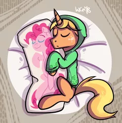 Size: 1524x1545 | Tagged: safe, artist:colouredteapot, derpibooru import, pinkie pie, oc, oc:jai heart, unofficial characters only, unicorn, body pillow, clothes, hoodie, sleeping, solo