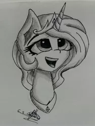 Size: 3096x4128 | Tagged: safe, artist:ironbeastz, derpibooru import, princess celestia, pony, alternate hairstyle, bust, happy, high res, monochrome, portrait, short mane, solo, traditional art