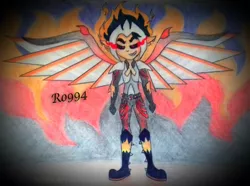 Size: 758x563 | Tagged: safe, artist:ro994, derpibooru import, flash sentry, oc, oc:fire pit, demon, human, equestria girls, corrupted, evil, outfit, sketch, solo, traditional art
