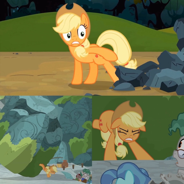 Size: 2048x2048 | Tagged: safe, derpibooru import, edit, edited screencap, screencap, applejack, earth pony, pony, shadow play, spike at your service, comparison, cowboy hat, female, hat, inconsistency, mare, rock