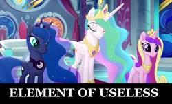 Size: 1096x664 | Tagged: safe, derpibooru import, edit, edited screencap, screencap, princess cadance, princess celestia, princess luna, alicorn, pony, my little pony: the movie, cantdance, luna is friggen useless, uselesstia