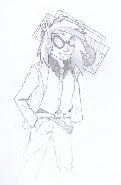 Size: 792x1209 | Tagged: artist:jesterofdestiny, belt, black and white, boombox, clothes, derpibooru import, dress shirt, ghetto blaster, glasses, grayscale, hand in pocket, human, humanized, monochrome, necktie, open suit, safe, suit, three piece suit, traditional art, vest, vinyl scratch, waistcoat