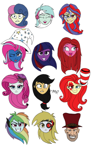 Size: 1251x2000 | Tagged: safe, artist:godforoth, artist:tishadster, derpibooru import, applejack, bon bon, derpy hooves, fluttershy, lyra heartstrings, pinkie pie, rainbow dash, rarity, sunset shimmer, sweetie drops, trixie, twilight sparkle, oc, oc:shadow rush, elements of insanity, equestria girls, :3, :p, applepills, beautiful, brutalight sparcake, bust, corrupted, derpigun, determined, evil grin, fluttershout, grin, happy, head only, heterochromia, long hair, magic mare, painset shimmercakes, pinkis cupcake, rainbine, rainbine ears, rarifruit, silly, simple background, smiling, smirk, surprised, tongue out, transparent background