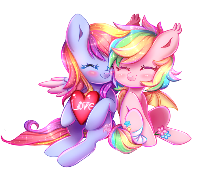 Size: 800x642 | Tagged: safe, artist:cabbage-arts, derpibooru import, oc, oc:glittering cloud, oc:paper stars, unofficial characters only, bat pony, pegasus, pony, amputee, bandage, duo, eyes closed, female, flower, heart, mare, missing limb, simple background, stump, transparent background