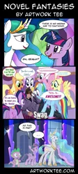 Size: 1024x2286 | Tagged: safe, artist:ecartoonman, derpibooru import, edit, edited screencap, screencap, applejack, fluttershy, pinkie pie, princess celestia, rainbow dash, rarity, spike, twilight sparkle, twilight sparkle (alicorn), alicorn, dragon, human, pegasus, pony, unicorn, celestial advice, ponyville confidential, blasphemy, caption, clothes, comic, dialogue, drama, exploitable meme, frown, hoodie, image macro, justin bieber, know your meme, mane six, meme, open mouth, photo, photoshop, speech bubble, squee, swag, text, text bubbles, there is no wrong way to fantasize, wide eyes