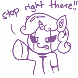 Size: 500x500 | Tagged: source needed, safe, artist:ijustloveit619, derpibooru import, sweetie belle, pony, robot, robot pony, unicorn, angry, belle, dialogue, exclamation point, female, filly, foal, hooves, horn, monochrome, open mouth, pointing, shout, simple background, solo, sweetie bot, white background, yelling