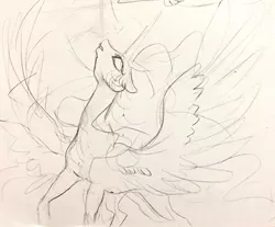 Size: 1280x1059 | Tagged: safe, artist:candasaurus, derpibooru import, princess celestia, pony, eyes closed, sketch, solo, spread wings, traditional art, wings