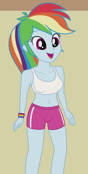 Size: 515x1020 | Tagged: suggestive, derpibooru import, edit, edited screencap, editor:ah96, screencap, rainbow dash, equestria girls, belly button, breast edit, breasts, clothes, female, midriff, shorts, solo, solo female, sports bra, sports shorts