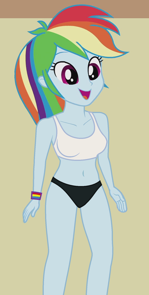 Size: 515x1020 | Tagged: suggestive, derpibooru import, edit, edited screencap, editor:ah96, screencap, rainbow dash, equestria girls, belly button, black underwear, breast edit, breasts, clothes, female, panties, solo, solo female, sports bra, underwear, underwear edit