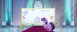 Size: 1920x804 | Tagged: safe, derpibooru import, screencap, spike, twilight sparkle, twilight sparkle (alicorn), alicorn, dragon, pony, my little pony: the movie, canterlot castle, carpet, crown, door, jewelry, plot, raised hoof, regalia, stained glass, sunlight, whiteboard