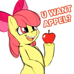 Size: 900x900 | Tagged: dead source, safe, artist:spectre-z, derpibooru import, apple bloom, earth pony, pony, adorabloom, apple, bow, cute, dialogue, female, filly, food, grammar error, hair bow, hoof hold, open mouth, simple background, solo, white background