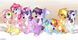 Size: 2716x1417 | Tagged: safe, artist:kaliner123, derpibooru import, applejack, fluttershy, pinkie pie, rainbow dash, rarity, starlight glimmer, twilight sparkle, wolf, flutterwolf, mane six, pinkie wolf, species swap, twiwolf, wolf dash, wolfified, wolfity, wolfjack