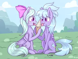 Size: 3120x2400 | Tagged: safe, artist:dsp2003, derpibooru import, cloudchaser, flitter, pegasus, pony, :3, chest fluff, commission, duo, ear fluff, eating, female, food, hoof hold, ice cream, licking, mare, mlem, open mouth, sharing, silly, tongue out