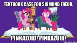 Size: 600x337 | Tagged: safe, derpibooru import, edit, edited screencap, screencap, pinkie pie, pony, fame and misfortune, flawless, freakazoid, groucho mask, image macro, impact font, meme, pinkazoid, psychiatrist, sigmund freud