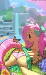 Size: 755x1219 | Tagged: suggestive, artist:lumineko, derpibooru import, fluttershy, bird, butterfly, pegasus, pony, :t, adorasexy, blushing, bow, clothes, cute, dock, dress, female, flower, flutterbutt, frilly underwear, grass, hair bow, looking at you, looking back, mare, panties, pink underwear, plot, prone, sexy, shyabetes, smiling, solo, solo female, sploot, tree, underwear, waterfall