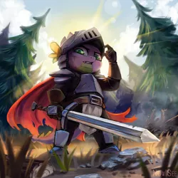 Size: 2000x2000 | Tagged: safe, artist:inowiseei, derpibooru import, spike, dragon, armor, belt, cape, clothes, fantasy class, forest, helmet, knight, male, solo, spike the brave and glorious, sword, tree, warrior, weapon