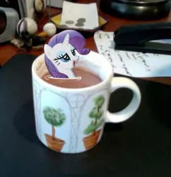 Size: 530x547 | Tagged: safe, derpibooru import, edit, rarity, pony, coffee, cup, cup of pony, irl, micro, photo, ponies in real life, rarity is a marshmallow, relaxing