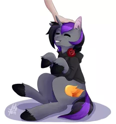 Size: 1193x1280 | Tagged: safe, artist:lollydoom, derpibooru import, oc, oc:purple flame, horse, human, pony, unicorn, clothes, cutie mark, eyes closed, fire, happy, headphones, hoodie, hooves, human on pony petting, male, my little pony, offscreen character, offscreen human, pat, pets, petting, raised hoof, smiling, stallion