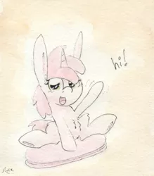 Size: 679x775 | Tagged: safe, artist:slightlyshade, derpibooru import, ruby pinch, pony, unicorn, dialogue, female, filly, food, looking at you, macaron, open mouth, sitting, solo, traditional art, underhoof, watercolor painting, waving