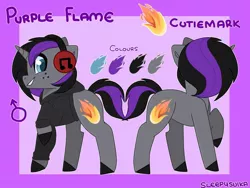 Size: 1024x768 | Tagged: safe, artist:sleepysuika, derpibooru import, oc, oc:purple flame, unicorn, clothes, headphones, hoodie, male, reference sheet, smiling, stallion