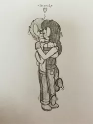 Size: 3024x4032 | Tagged: safe, artist:binary6, derpibooru import, oc, oc:happy wigglesworth, oc:kimoshy, unofficial characters only, anthro, unicorn, clothes, cute, female, freckles, girlfriend, happy, hug, jeans, kissing, male, monochrome, nuzzling, pants, shipping, shirt, simple background, size difference, smooch, straight, traditional art